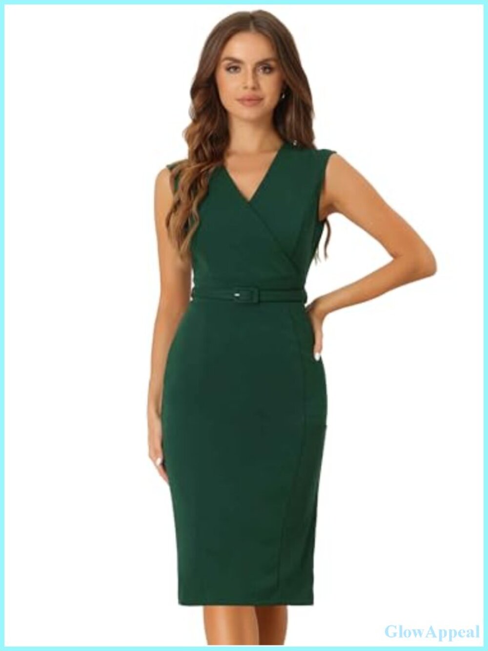 Sleeveless V-Neck Sheath Pencil Dress with Belt for Work Office